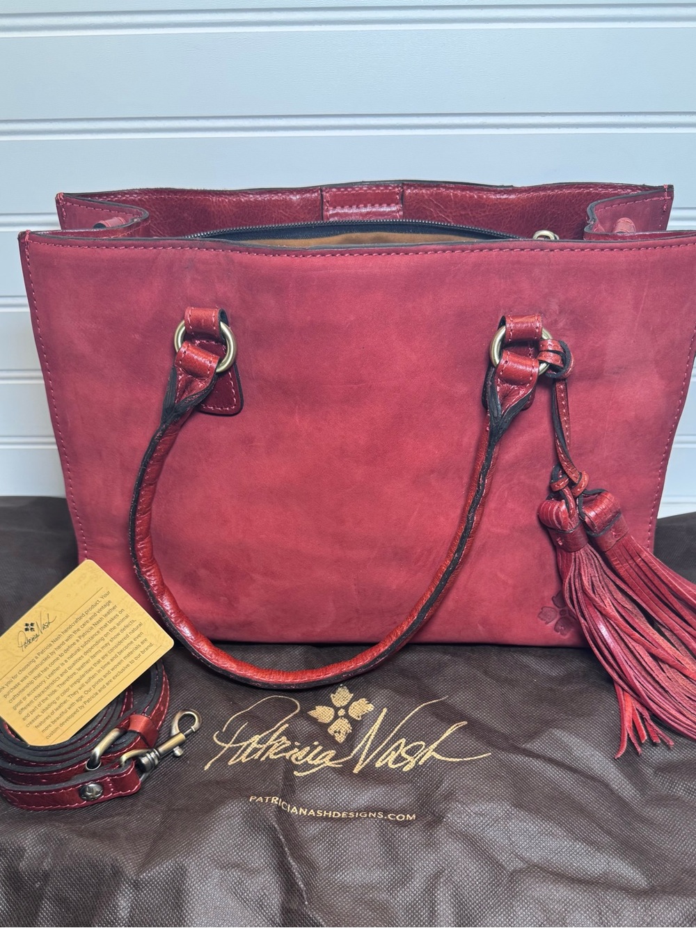 Patricia Nash Red Italian Suede Leather Tassel Satchel Crossbody Bag